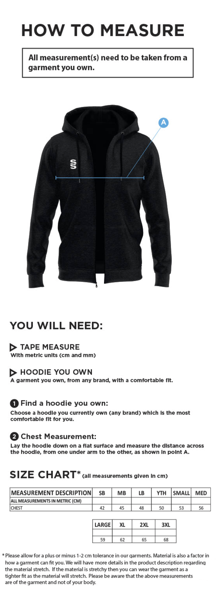 Birkenhead St Mary's - Dual Full Zip Hoody - Size Guide