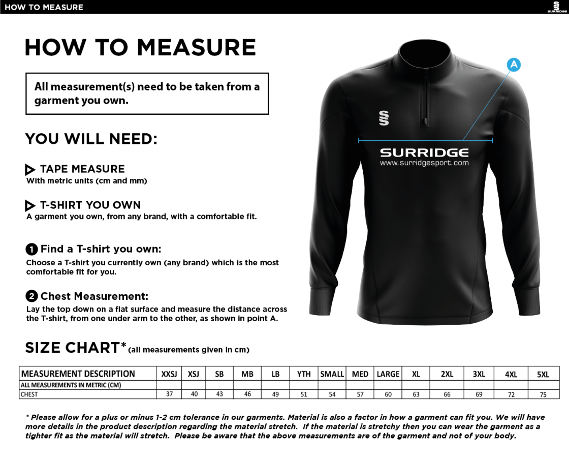 Birkenhead St Mary's - 1/4 Zip Dual Performance Top - Size Guide