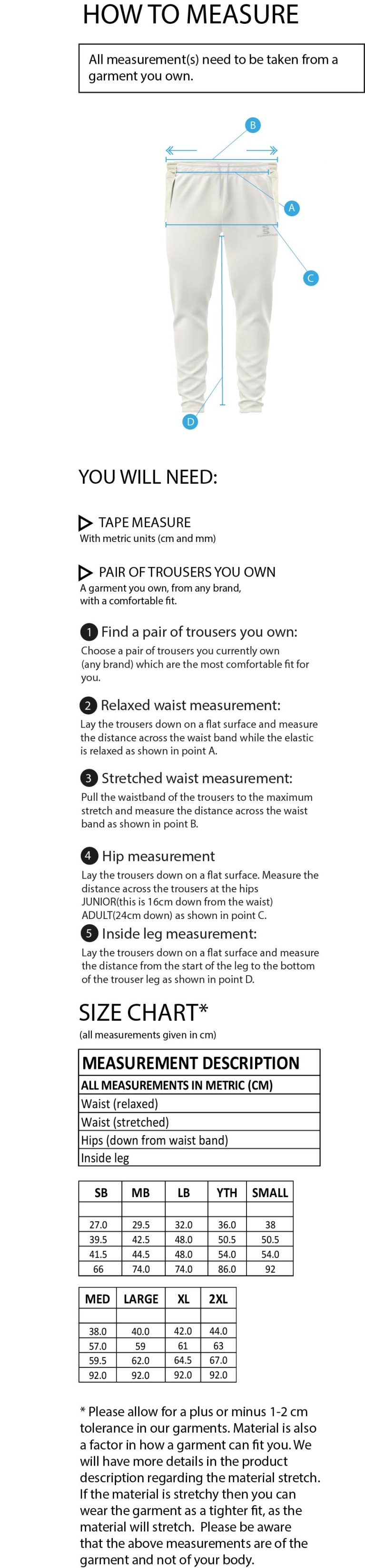 Birkenhead St Mary's - Tek Playing Pant - Size Guide